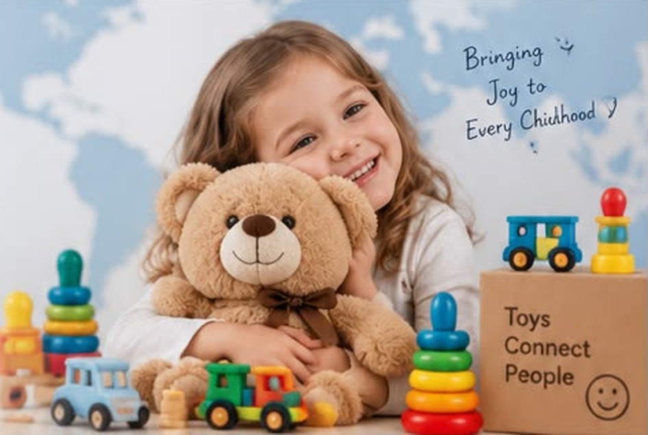 Smiling child hugging a teddy bear, surrounded by colourful wooden toys